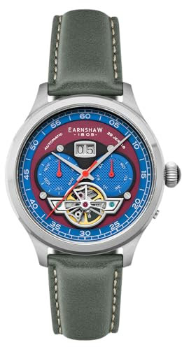 Thomas Earnshaw Herren-Armbanduhr ES-8187 mit offenem Herz, 43 mm, Baron Grand Datum, Kalender, offenes Herz, Automatikuhr mit Lederband, Englisches Blau, Armband