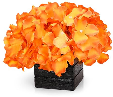 CVHOMEDECO. Hortensias naranjas con jarrón de madera, hortensias artificiales de seda en caja de madera negra para decoración del hogar. Ideal para esposa, él o ella, día de San Valentín, día de la