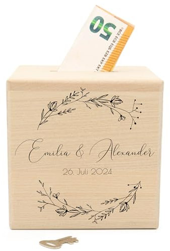 Geschenkfreude Personalisierte Spardose Hochzeit aus Holz mit Namen und Datum 10x10x10cm - Hochzeitsspardose für die Hochzeit und Verlobung - Hochzeitsgeschenke für Brautpaar - Geldgeschenk Floral7