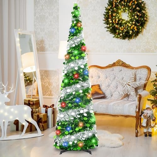 5FT Pencil Christmas Tree - Green & Silver, Pop Up with Lights, Slim & Collapsible, Artificial Glitter Tinsel for Home Holiday Party Decor