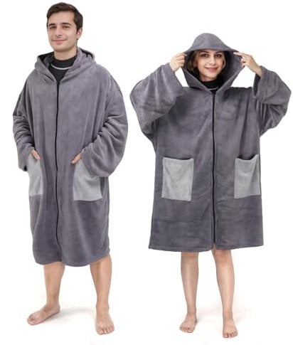 Owntop Handtuch Poncho Erwachsene, Surf Poncho Langen Ärmeln Damen Herren, Schnell Trocknendes Badeponcho mit Reißverschluss für Strand Camping Dusche Pool Zuhause - Grau M