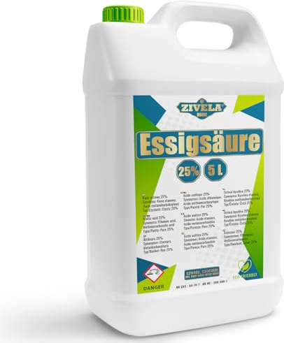 Acido acetico da 5 l 25% di qualità premium – Il delicato tuttofare per la vostra casa | 5 l di acido acetico 25% di qualità alimentare Made in Europe