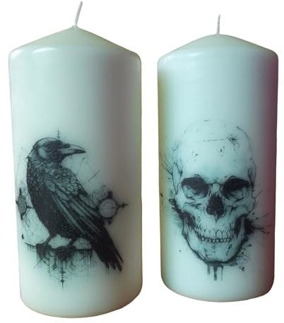 Pillar unscented Wax Candle Set of Two Raven and Skull Gothic Mystery Rituals Altar Display Decoration Hand Decorated Home Decor