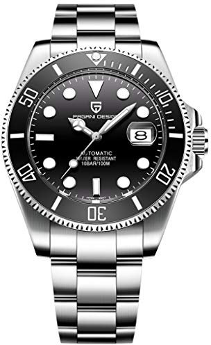 Pagani Design 1639 Herren-Automatikuhren, NH35-Uhrwerk, Edelstahl, 100 m wasserdicht, selbstaufziehende Armbanduhr, Schwarz , Armband