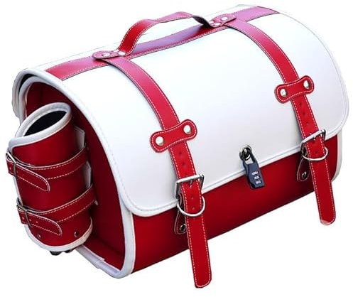 PUBIBD Motorrad Hecktasche für Harley Davidson Forty Eight, wasserdichte Leder Motorrad Pannier Satteltasche Reisetasche, 33L Große Kapazität Motorrad Werkzeugtasche,G White+Red