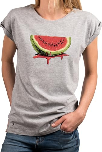 MAKAYA Damen Shirt Wassermelone Motiv Früchte Top Kurzarm Sommer Oberteile Watermelon Frauen Mädchen Hellgrau L