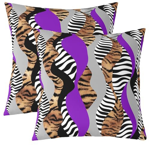 hihihihihihihihi Tiger Dekokissenbezüge 55,9 x 55,9 cm, Zebramuster, dekorativer Kissenbezug für Sofa, Couch, Bauernhaus, lila, geometrisches Kuhfell, Outdoor-Kissenbezüge, Tierdruck, 2 Stück