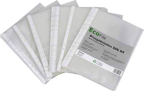 Prospekthülle A4 100 Stück nachhaltig aus Post-Consumer-Recycling PP 120 my transparent genarbt, mit Abheftrand, Schmalseite oben offen – 120 my