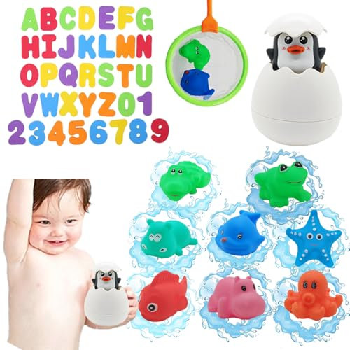 Vndnsy Jouet de Bain, Ensemble de Rangement de Jouets de Bain en Maille pour bébé, avec 36 Lettres de Bain en Mousse, Chiffres, 8 Jouets Animaux flottants,pour garçon et Fille de 2, 3, 4, 5 Ans.