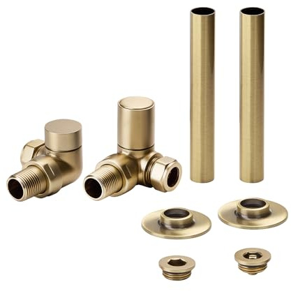 MILANO Brushed Gold Corner Radiator Valves Pipe Sleeve Kit | Brass Construction. Fits Radiators & Towel Rails. Corner Valve Design. Contemporary Style. 1/2 Threads. Fits 15mm Pipes.