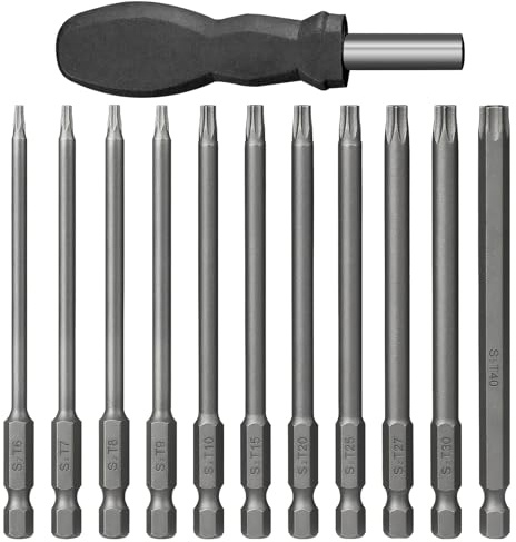12 Stück Torx Bit Set, Torx Schraubendreher Set 150 mm magnetisch | Hochkohlenstoffstahl, 11 Bits T6-T40 + Griff, 150 mm, magnetisch, für Akkuschrauber, Bohrmaschine und Reparatur