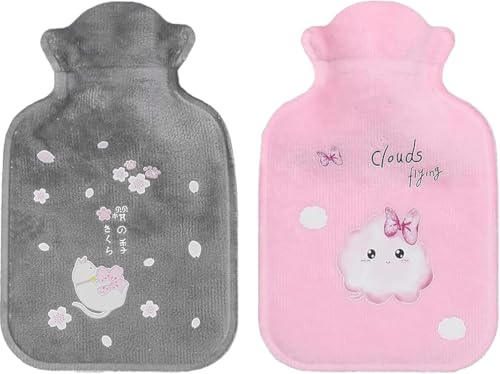 2 PCS Mini Hot Water Bottles with Covers, Small Portable Hand Warmers | 2 mini hot water bottles with soft covers in pink and grey, portable warmers for hands, neck, shoulders, home and travel.