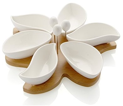 Brandani 55754 Antipastiera spicchi di sole in porcellana bianca con vassoio bamboo e 3 forchettine acciaio inox