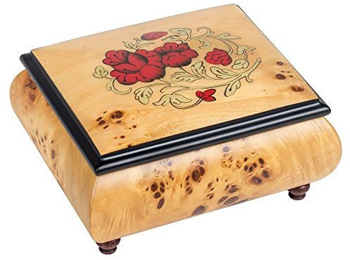 Red Wild Roses Pioppo Italian Inlaid Wood Jewelry Music Box Plays La Vie en Rose