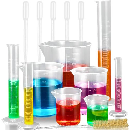 moveland 15-Piece Set of Plastic Graduated Cylinders and Beakers with 5 Transfer Pipettes and 1 Test Tube Brushes, Ideal for Science Lab