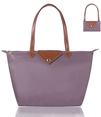 BOJLY Tote Bags for Women Stylish Waterproof Nylon Ladies Shoulder Bag Top Handle Handbag Folding Beach Travel Bag for Work,Shopping, School Pale Lavender Large