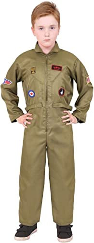 Costume de l'armée américaine VE Day pour enfant. Combinaison verte avec badge ailes de vol. Déguisement des années 80 pour garçons et filles. Taille : L