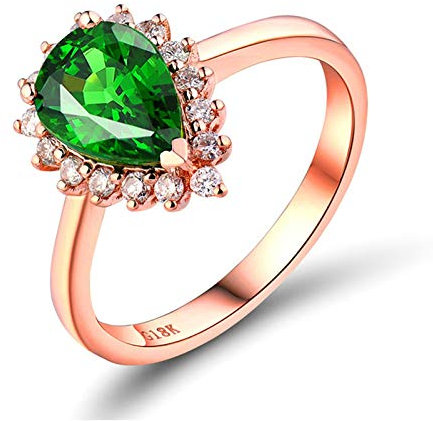 Beydodo Anillo Compromiso Mujer,Anillo de Oro Rosa Mujer 18 Kilates Oro Rosa Verde Gota de Agua Tsavorita Verde 1.3ct Diamante 0.24ct Talla 8(Circuferencia 48MM)