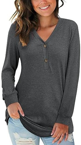 AUSELILY Women's Long Sleeve Tops V-Neck Jumpers Causal Button Down Sweatshirts Loose Henley T Shirt Blouse(Black Gray,L)