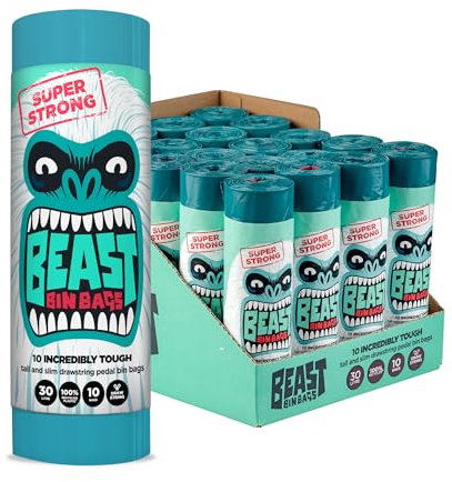 BEAST BIN BAGS, Mega Pack, 20 Rolls of 10 x 30 Litre Bags (Total 200 Bags) - Made From 100% Recycled LLDPE - Incredibly Strong, Tall and Slim Drawstring Pedal Blue Bin Bags