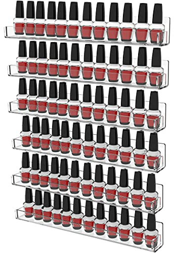 Cq acrylic Nail Polish Organizer Wall Mounted,6 Pack Rack Display 72 Bottles Nail Tech Organizers and Storage,Clear Wall Rack Nail Supplies for Nail Techs,15 Inch