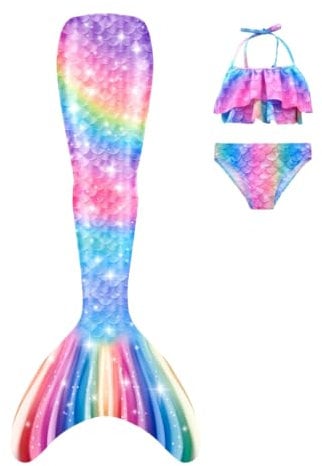shepretty Meerjungfrauenschwanz zum Schwimmen für Kinder mit Meerjungfrauenschwanz(ohne Monoflosse),3PC,wpM9,120