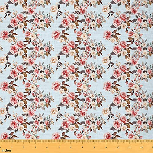 Mädchen Rosen Stoff Meterware Blühende Rose Möbelstoff Rosa Gelb Blumen Outdoor Stoff Aquarell Romantischer Garten Dekorationsstoff für Polsterung und Wohnakzente Blau 276 x 150 (HxB)