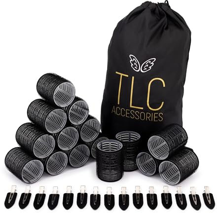TLC ACCESSORIES 30 Piece Hair Rollers with Clips - 15 Self Grip Velcro Rollers and 15 Duckbill Clips - Salon Hairdressing Heatless Curlers, Size 48mm for Medium to Long Hair in Colour Black