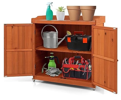 RELAX4LIFE Gartenschrank mit 4 Rädern, Werkzeugschrank aus Holz mit rutschfesten Matten, 2 feststellbare Räder, Geräteschrank für Werkstatt, Haus, Hinterhof, Büro, 98,5 x 48 x 100 cm, Natur