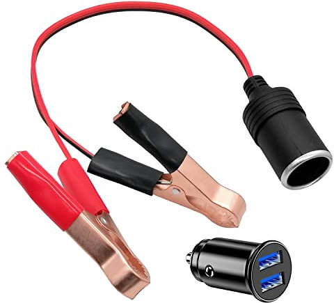 Pince Voiture Batterie à Adaptateur Allume Cigare Femelle 30cm Câble 18AWG,12V/24V Mini Chargeur de Voiture USB Double Prise Allume-Cigare pour Moto,Bateau,Voiture,Camion