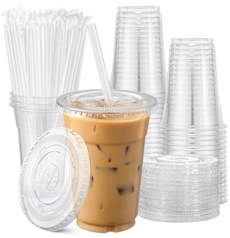 AOZITA 100Pack, 16 oz Plastic Cups With Lids and Straws, Disposable Clear Plastic Cups With Lids for Iced Coffee, Smoothie, Milkshake and Cold Drinks