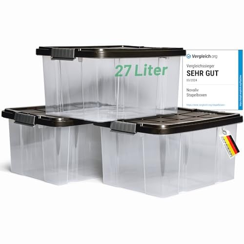 Novaliv 3x Aufbewahrungsboxen mit Deckel 27L Anthrazit Nestbar stapelbare Storage boxes mit Clipverschluss Kunststoffbox BPA-frei 46,5x36,5x24 cm