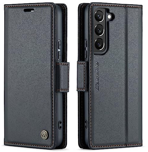 QLTYPRI Hülle für Samsung Galaxy S22 Handyhülle mit RFID Schutzhülle, Vintage Leder Hülle mit Kartenfach Ständer PU Ledertasche Stoßfeste Flip Wallet Case für Samsung Galaxy S22 - Schwarz