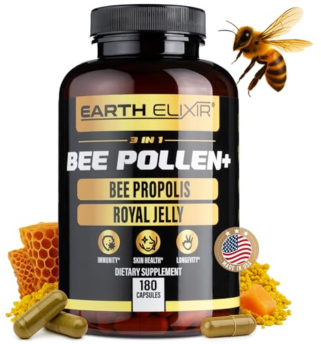 Earth Elixir 3-in-1 Organic Bee Pollen Capsule – Non-GMO, Pure Raw Bee Pollen, Royal Jelly, Propolis Extract for Women & Men – Natural Energy, Immune & Vitality Support – 180 Propolis Capsules
