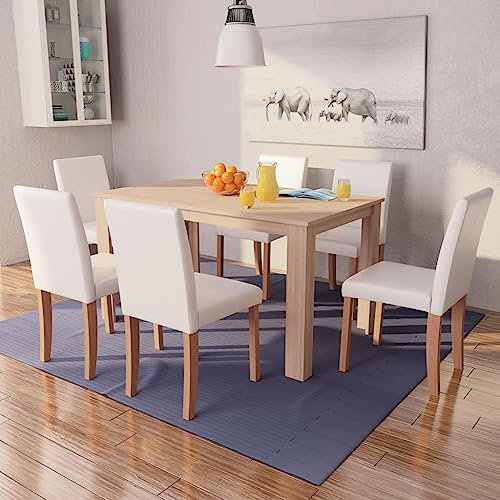 KOIECETA Esszimmertisch Stühle 7-TLG. Essgruppe Esszimmergruppe Esszimmergarnitur Tischset Sitzgruppe Esstisch Kunstleder Eichen-Finish (Braun und Creme)