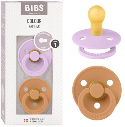 BIBS Colour Schnuller 2er-Pack, BPA-frei, Kirschform Nippel. Naturkautschuk/Latex, Hergestellt in Dänemark, Größe 1 (0-6 Monate), Violet Sky/Pumpkin