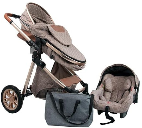Kinderwagen-Set | Babyschale | Stoßdämpfer | Verdeck | Klappbar | Feststellbremse | Gold/Braun