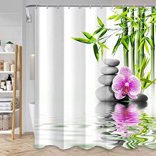 Rideaux de Douche Zen en Bambou Vert Artistique, Pierres de Spa et Fleurs d'orchidées, Crochets en Polyester, décor de Salle de Bains