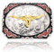 KOORASY Longhorn Bull Gürtelschnallen für Herren, großes langes Horn, rote florale Gravur, Rodeo Cowboy, große Texas Gürtelschnalle, silber, Large