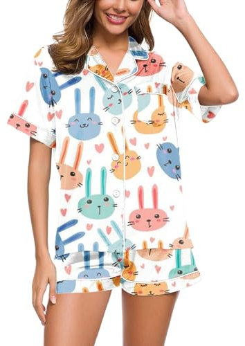 KBOPLEMQ Ostern Pyjama Set Damen Zweiteiler Osterhase Druck Schlafanzug Set Bequeme Revers Cami Bluse Kurzärm mit Knöpfen Y2K Damen 2-teiliges Bequeme Weich Schlafanzug mit Shorts