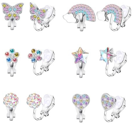 Goiern 6 Paar Hypoallergene Ohrclips für Mädchen Clip Ohrringe Kinder ohne Ohrloch Klipp Ohrringe in Herzform Schmetterlings und Blumenmuster für Kinder Mädchen