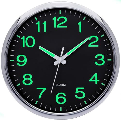 Warminn Glow In the Dark Wall Clock with Silent Lumious 30 cm | Silver Wall Clock,Battery Operated,Night Light ,Modern Clock,for Beddroom Kitchen Living Room Classroom