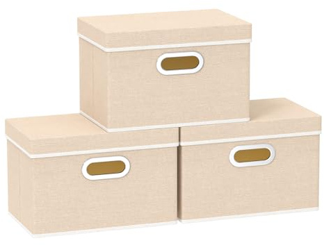 Yawinhe 3 Stück Aufbewahrungsbox mit Deckel,38x25x25cm,Beige | Faltbare Stoff Aufbewahrungskorb;Waschbare Faltbare Stoffboxen;Kisten Aufbewahrung mit Praktischen Metallgriff