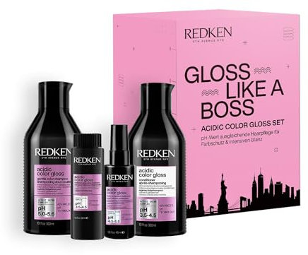 Redken Gewinnspiel-Set für Reinigung und Farbschutz bei gefärbtem Haar, Farbschutz mit Glanzkomplex & Hitzeschutz, Acidic Color Gloss Shampoo, Conditioner + Travel Size: Treatment & Leave-In Spray