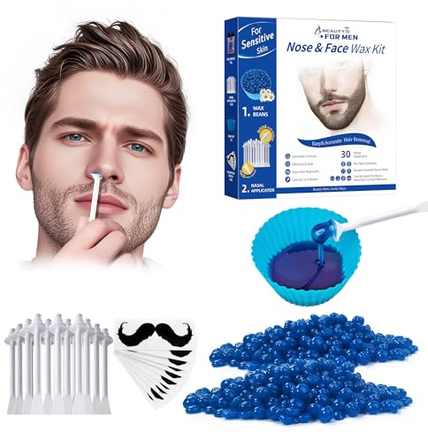 Nasenwachs-Set für Männer, Ohrhaarentfernung mit 50 g Wachsbohnen, 30 Applikatoren, 10 Schnurrbart-Schablonen, schmerzlos, einfacher und schneller Gesichtshaarentferner