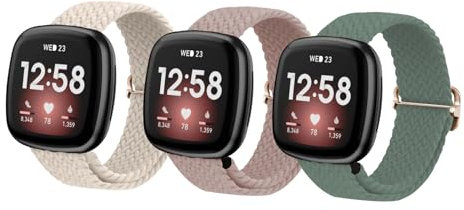 BSITSSS Elástico Tejido Correa Reloj Compatible con Fitbit Versa3/Fitbit Versa4/Fitbit Sense 2/Fitbit Sense, 3 x Correa Reloj, Elástica Ajustable Correas Reloj, Correas para Relojes Nylon Trenzado