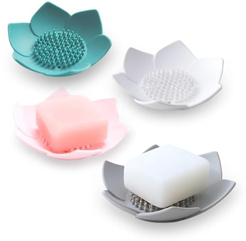 Set of 4 Silicone Lotus Soap Trays – Quick-Drain, Non-Slip Holders for Shower, Bathtub, Sink & Modern Bathroom Decor