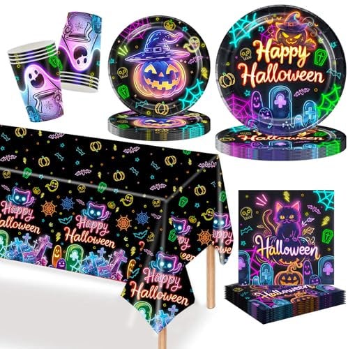 MORAINJAY Juego de 69 platos de papel de calabaza, vasos de papel fantasma, servilletas, neón, Halloween, fiesta feliz, decoración de mesa