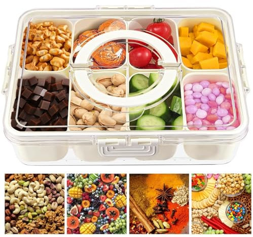 Snack Box Container with Lid and Handle Food Storage Container 8 Compartment Divided Serving Snack Tray, Food Box Organizer Container for Spices, Candy, Fruits, Nuts