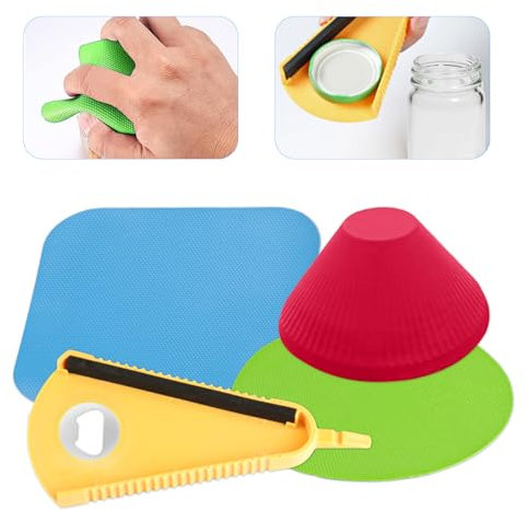 Rubber Jar Gripper Pads, 3 Jar Openers for Arthritis Hands + 1 Jar Lid Opener for Jars and Bottles, Rubber Grippers for Elderly, Jar Opener for Weak Hands, Bottle Lid Top Openers for Most Bottles